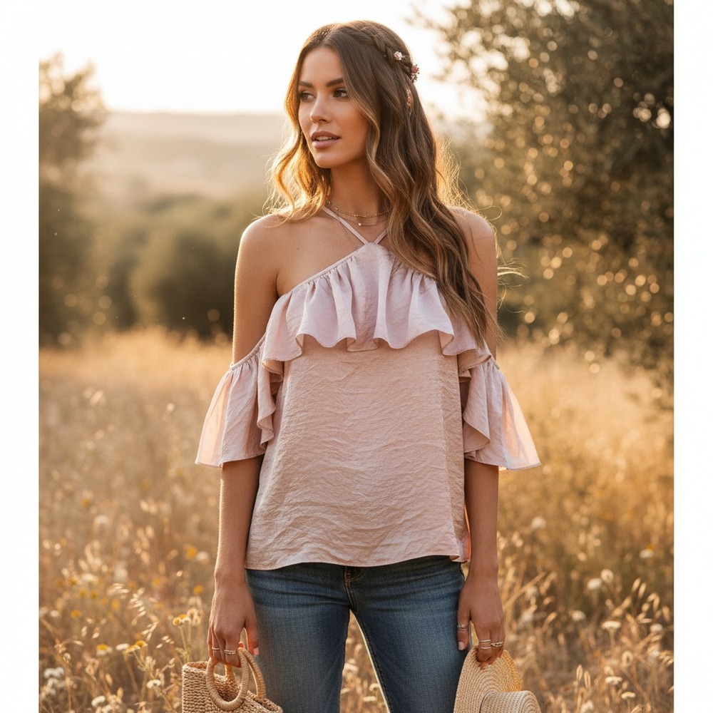Ten Sixty Sherman M Top Pink‎ Satin Ruffle Cold Shoulder Coquette Boho Fairy